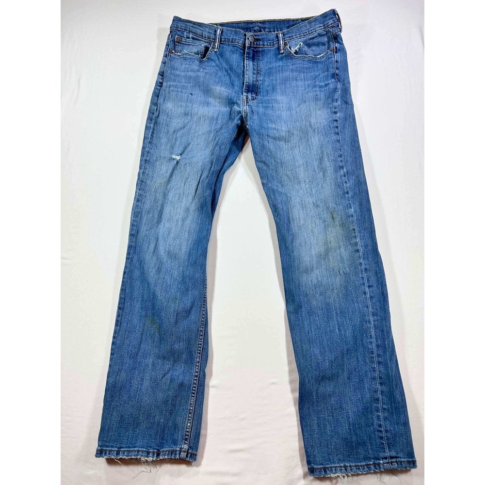 Levis 514 Straight Fit Jeans Mens 38x32 Medium Wash Distressed Blue Denim